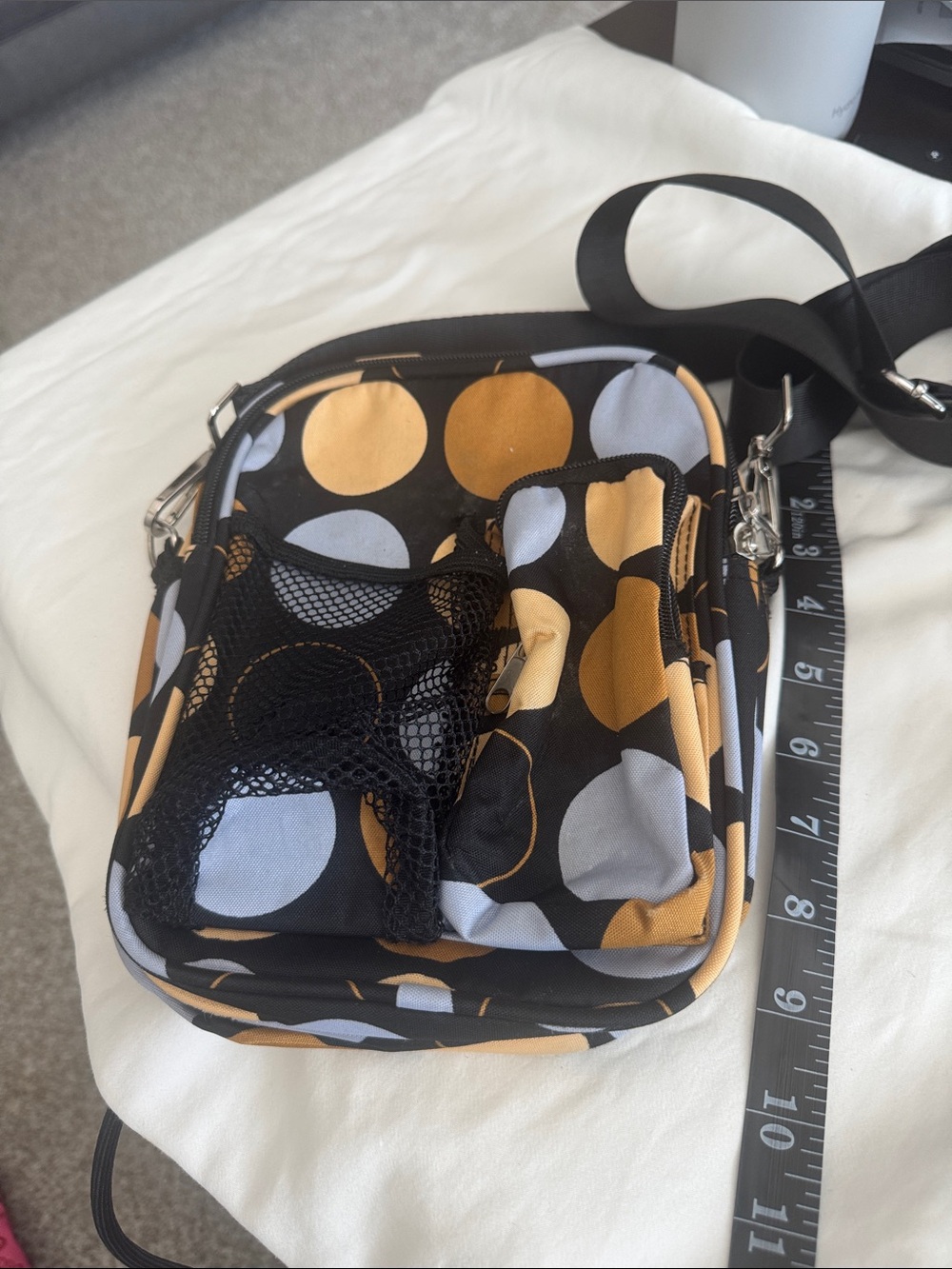 Black Polka Dot Crossbody Shoulder Bag in Mustard & Light Blue
